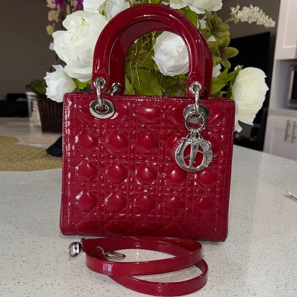 ❤️Dior Red Patent Quilted Lady Dior Satchel with Silver Hardware - Picture 6 of 17